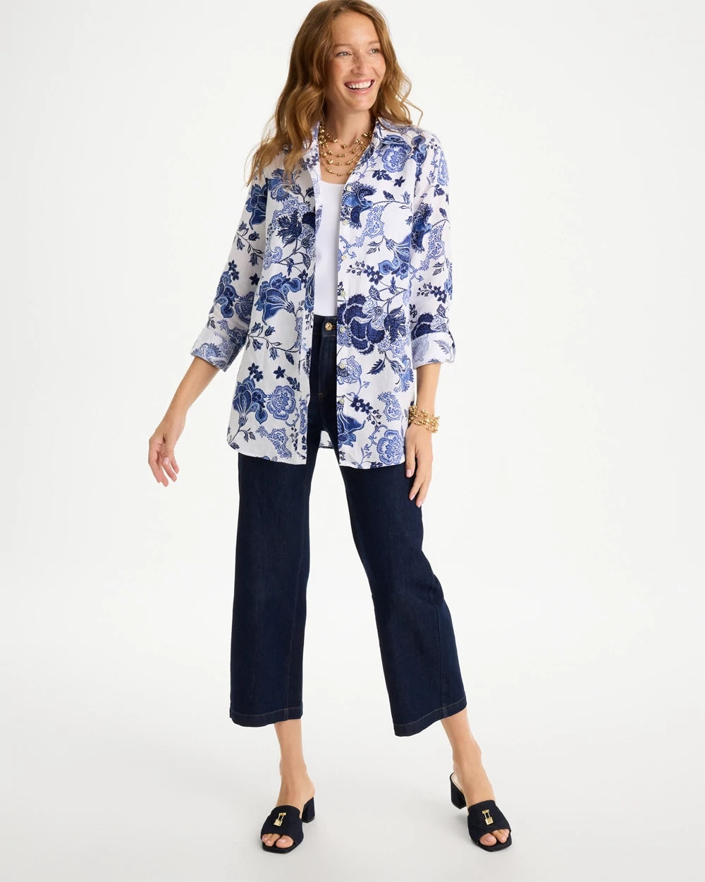 Chico's Customer Favorite - No Iron™ Linen Bloom Shirt Amparo Blue