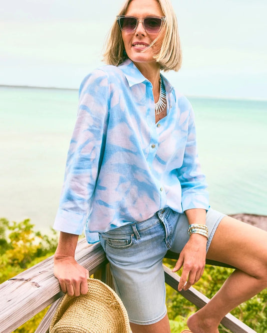 Chico's Quality - Tie-Dye No Iron Linen Shirt Blue Haven
