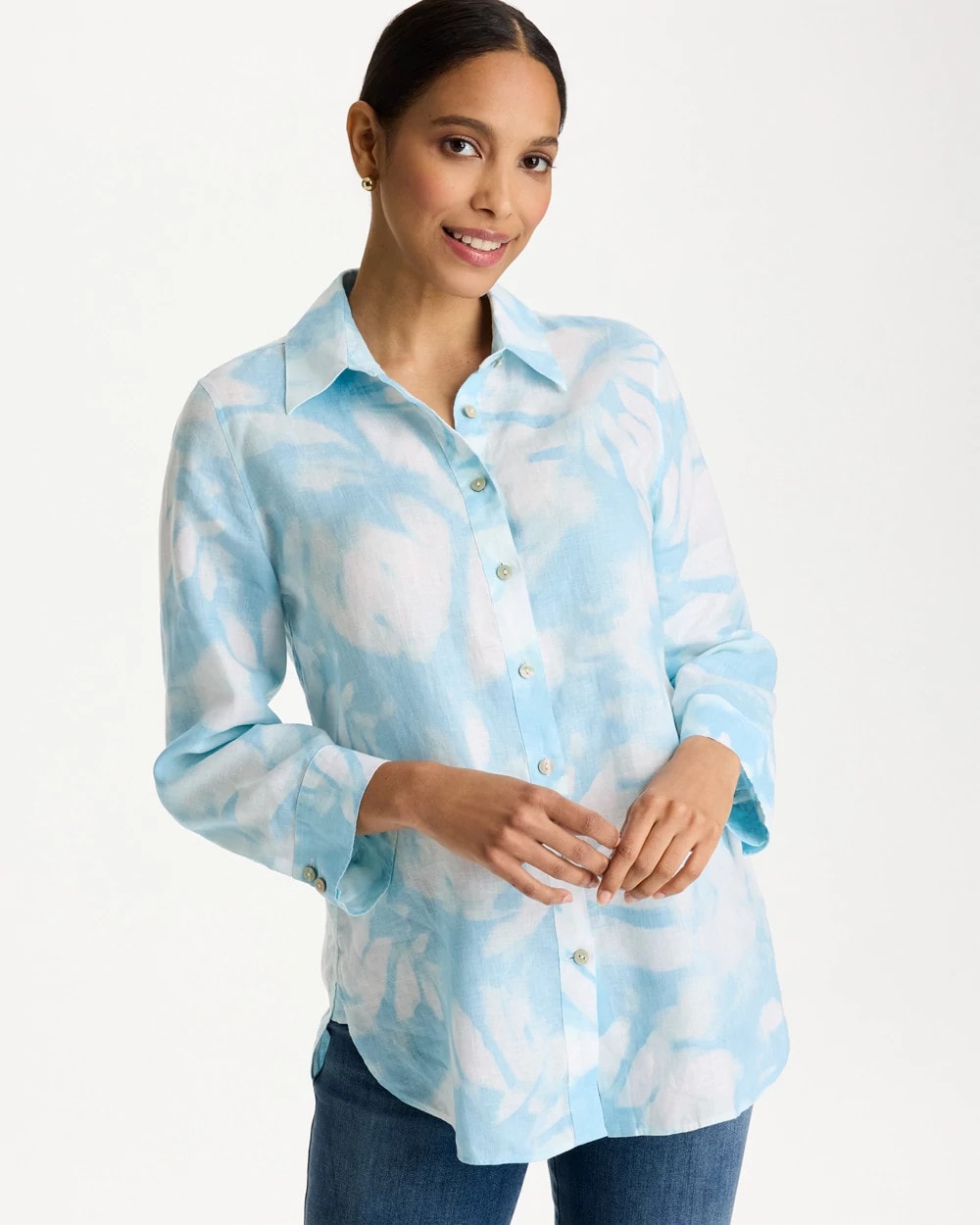 Chico's Quality - Tie-Dye No Iron Linen Shirt Blue Haven