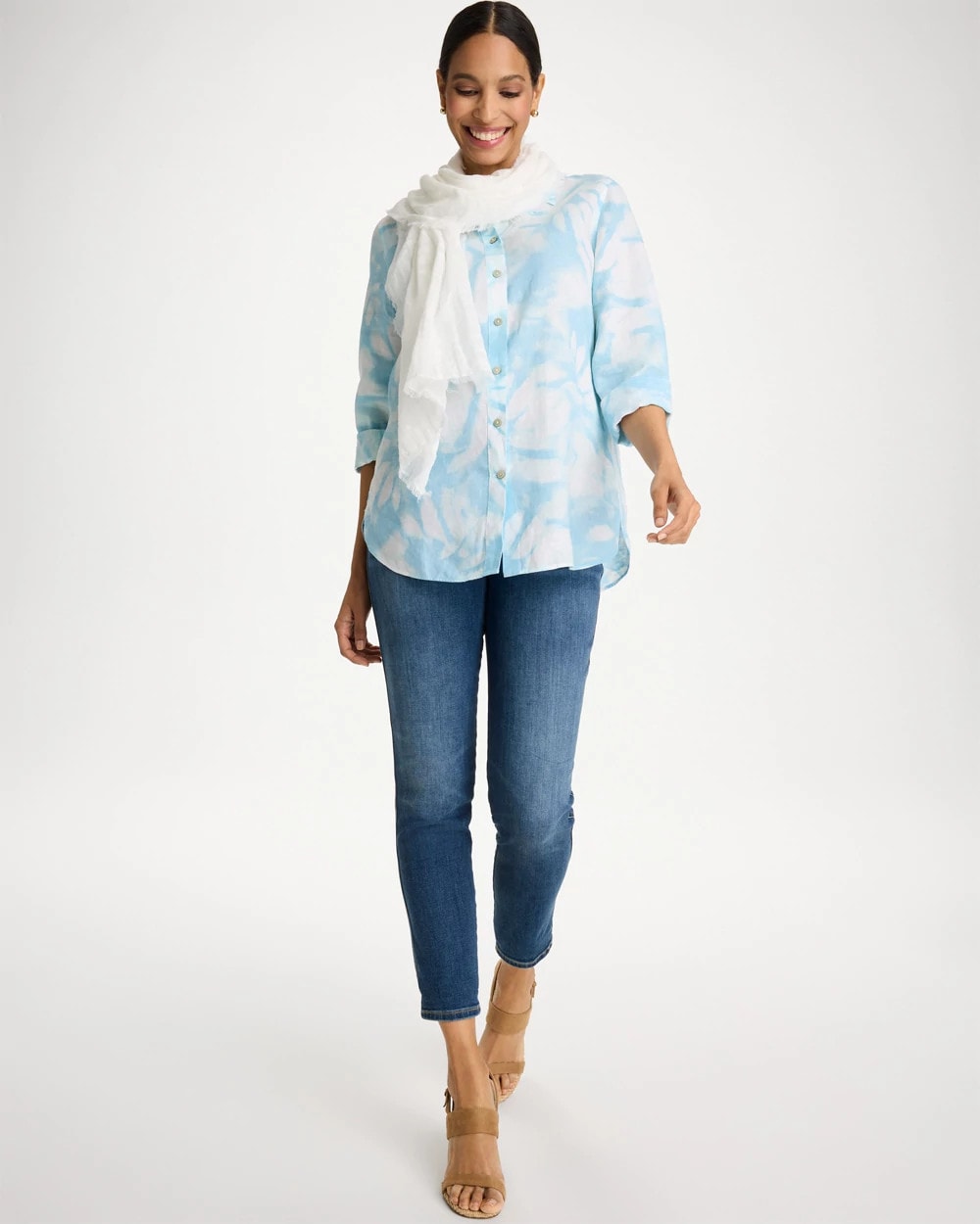Chico's Quality - Tie-Dye No Iron Linen Shirt Blue Haven