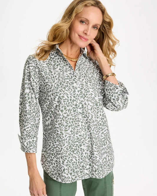 Chico's New - Printed No Iron Stretch Shirt Kelp Forest