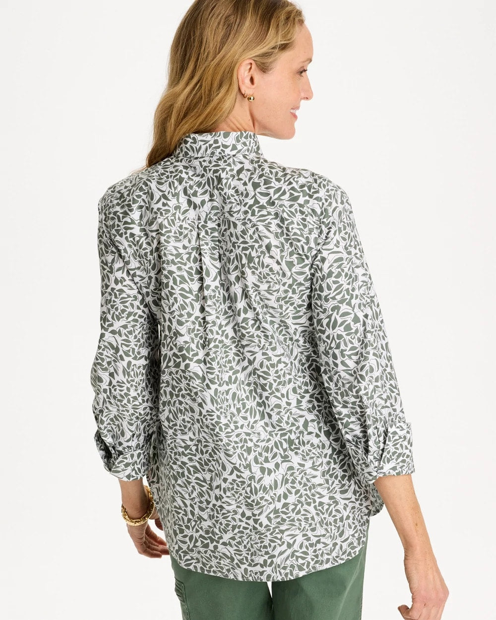 Chico's New - Printed No Iron Stretch Shirt Kelp Forest