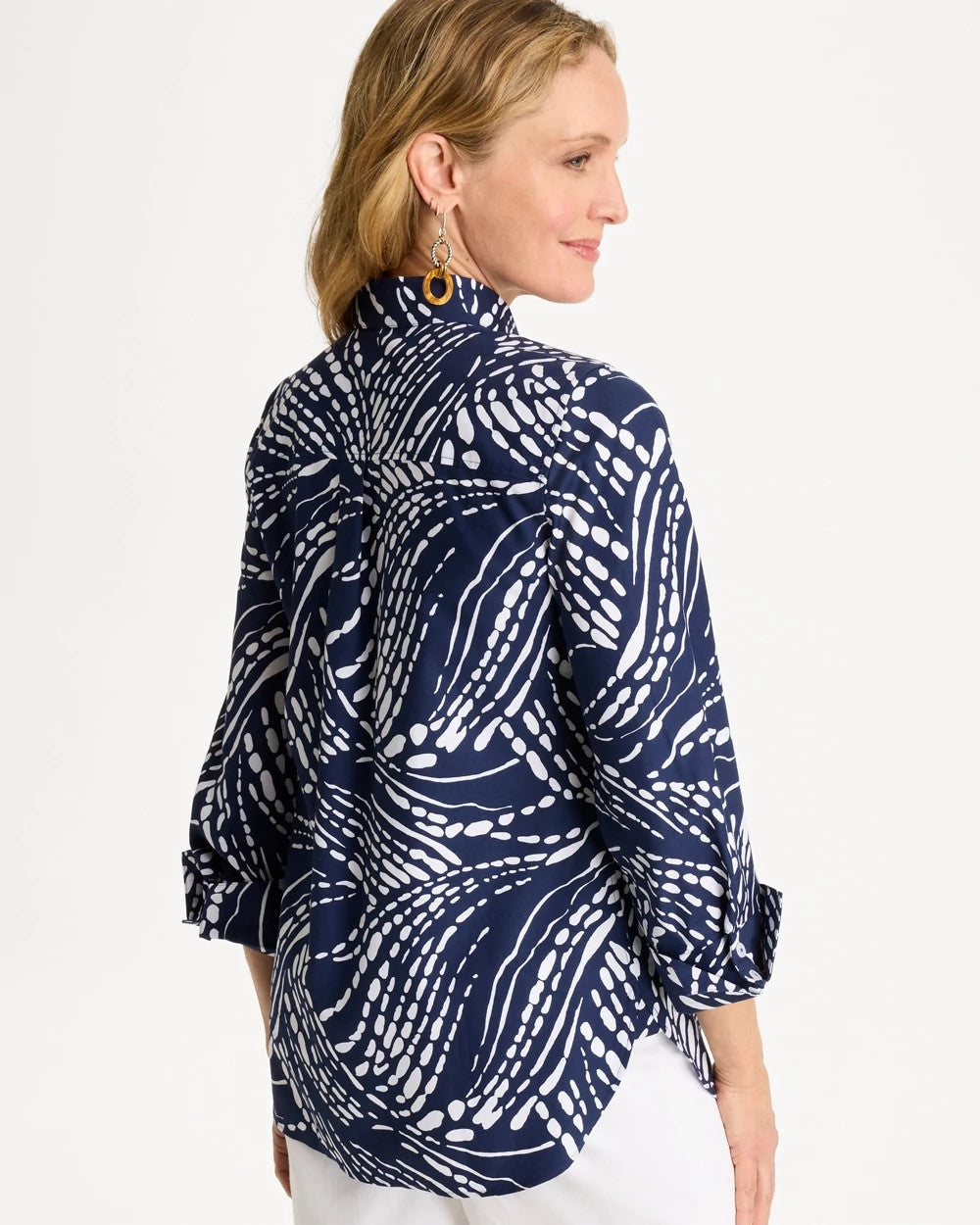 Chico's Signature - Printed No Iron Stretch Shirt Passport Blue
