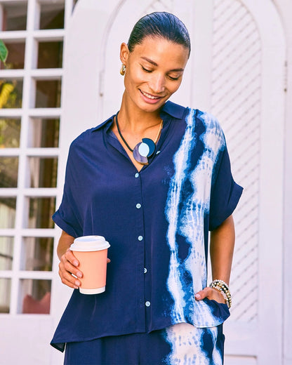 Chico's Value - Faux Silk Henley Colorblock Top Passport Blue