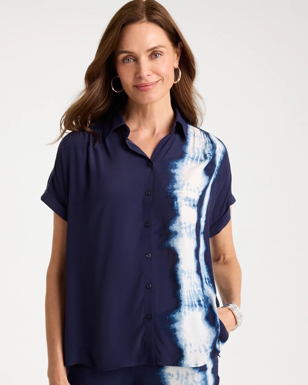 Chico's Value - Faux Silk Henley Colorblock Top Passport Blue