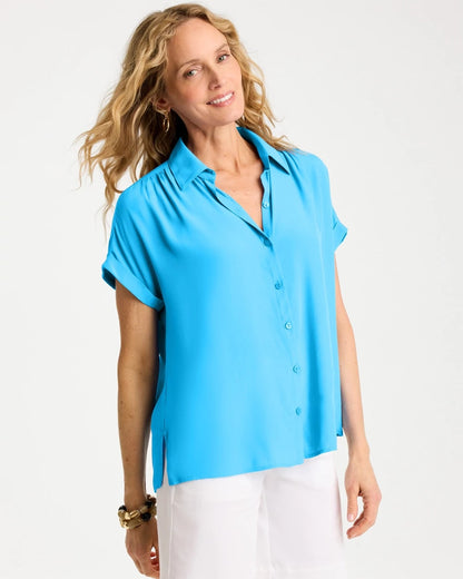Chico's Popular - Faux Silk Henley Top Blue Tide