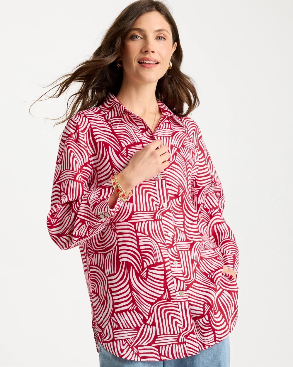 Chico's Deals - No Iron™ Linen Geo Print Shirt Cherry Lush