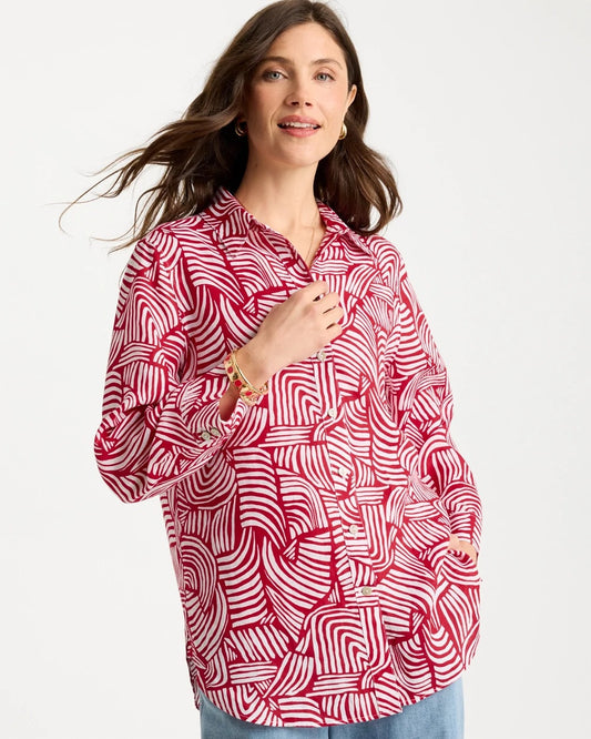 Chico's Deals - No Iron™ Linen Geo Print Shirt Cherry Lush