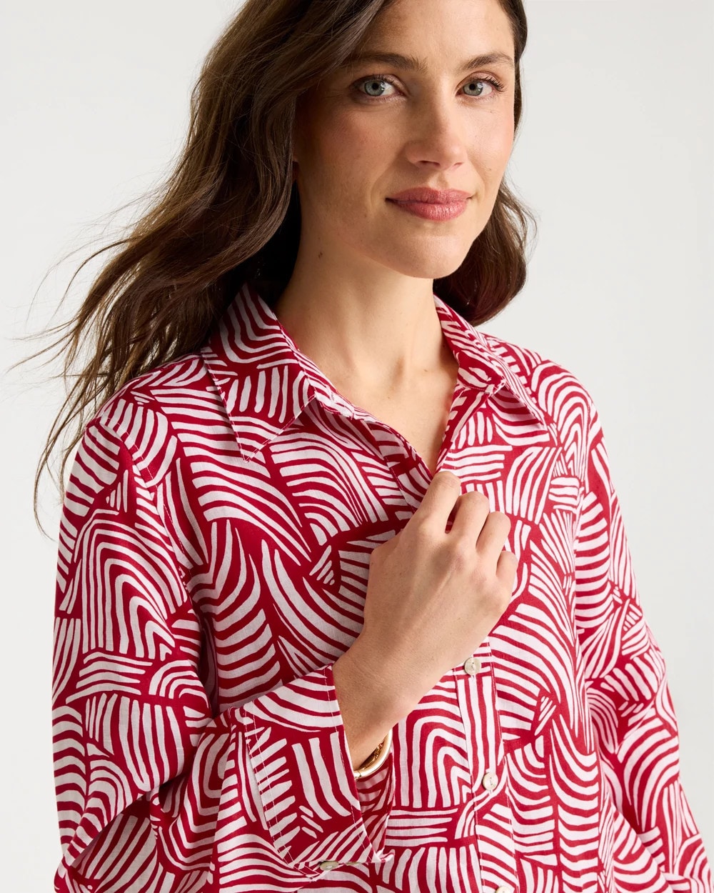 Chico's Deals - No Iron™ Linen Geo Print Shirt Cherry Lush