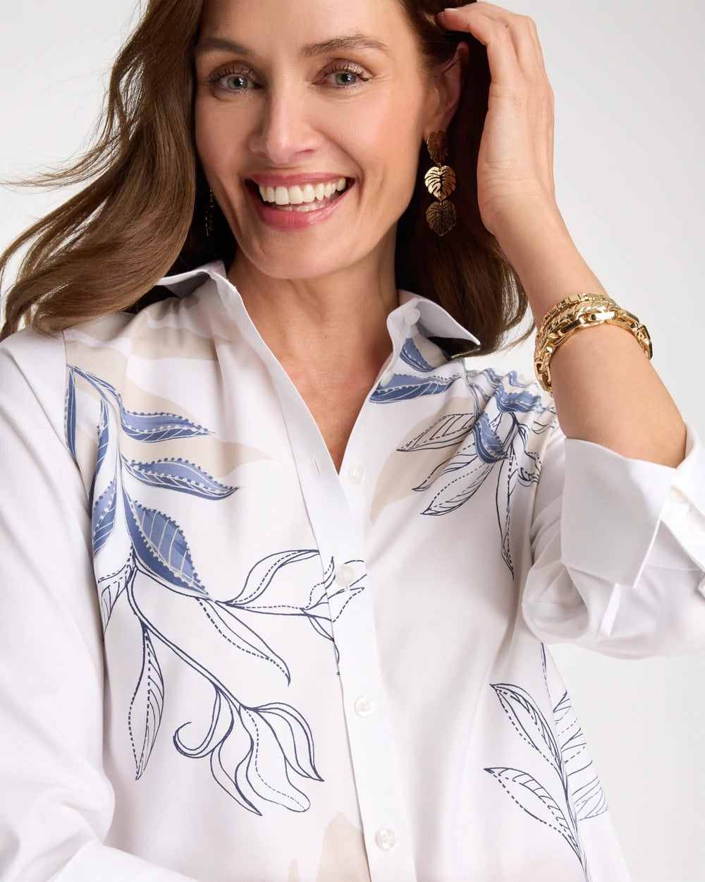 Chico's Premium - Placed Print No Iron Stretch Shirt Optic White