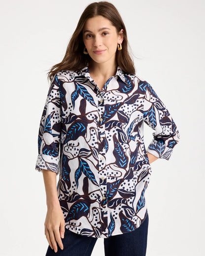Chico's Quality - Printed No Iron Linen Shirt Passport Blue