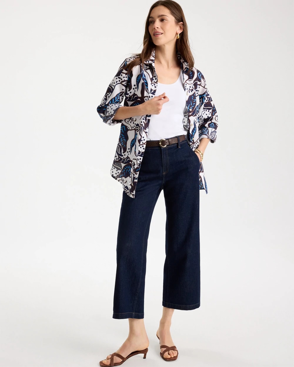Chico's Quality - Printed No Iron Linen Shirt Passport Blue