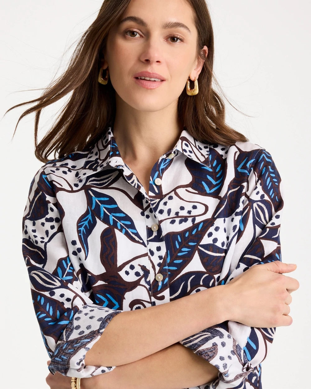 Chico's Quality - Printed No Iron Linen Shirt Passport Blue