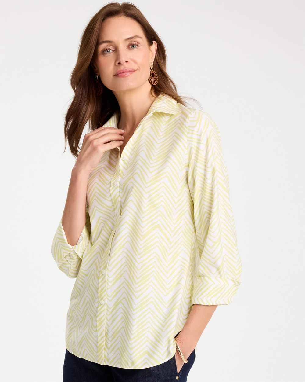 Chico's Top Pick - Chevron No Iron Stretch Shirt Soft Lime