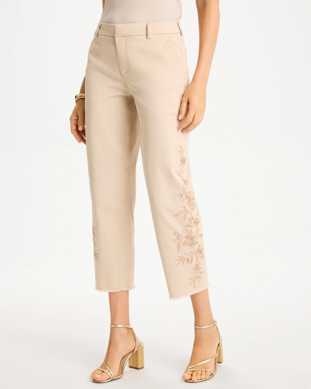 Chico's Signature - Relaxed Embroidered Fray Crop Pant Pale Sand