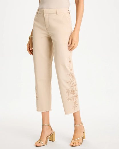 Chico's Signature - Relaxed Embroidered Fray Crop Pant Pale Sand