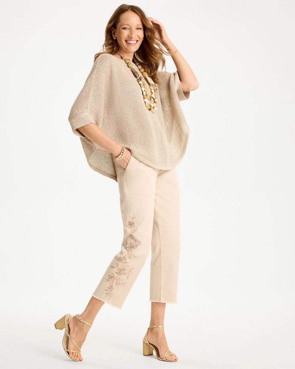 Chico's Signature - Relaxed Embroidered Fray Crop Pant Pale Sand