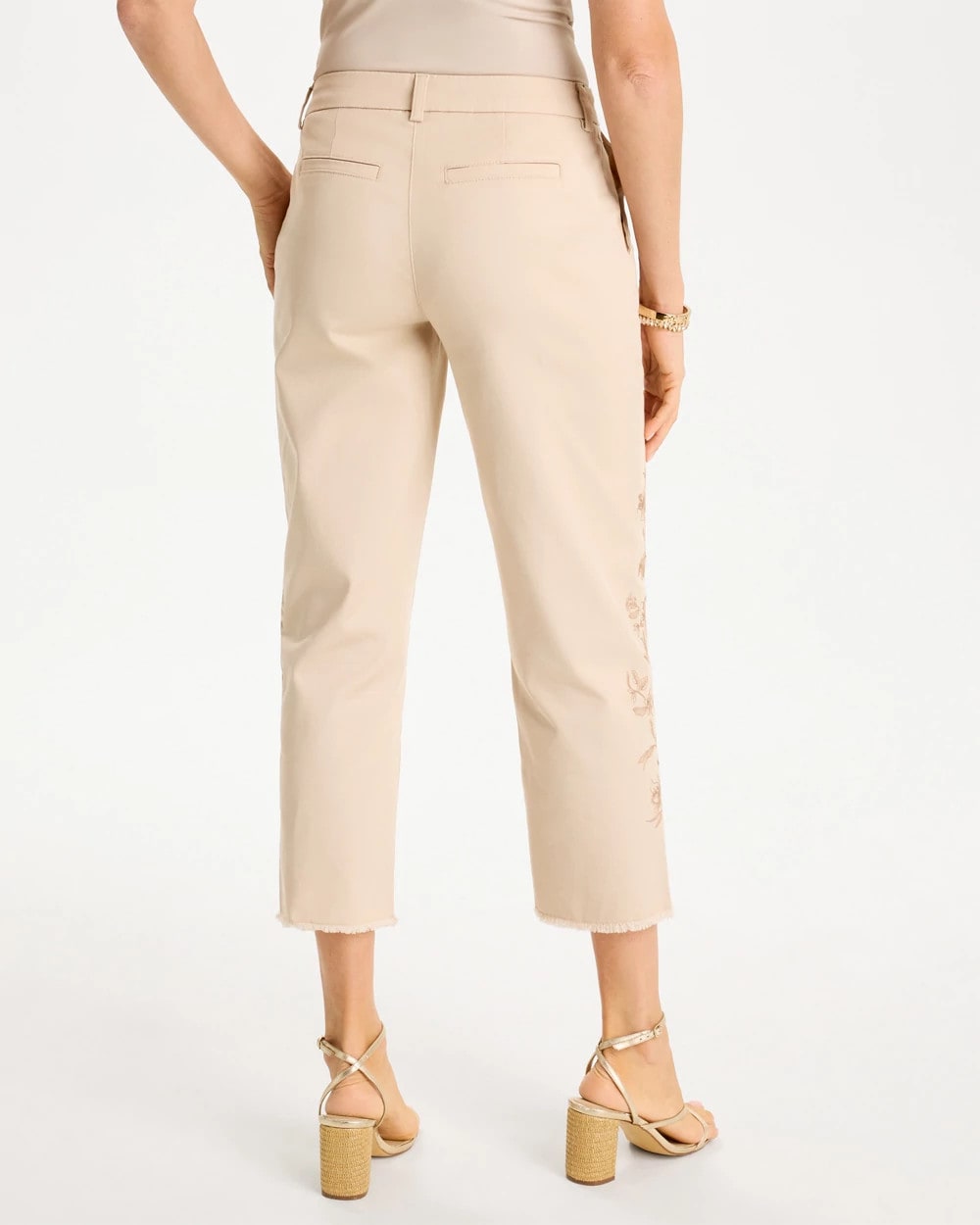 Chico's Signature - Relaxed Embroidered Fray Crop Pant Pale Sand