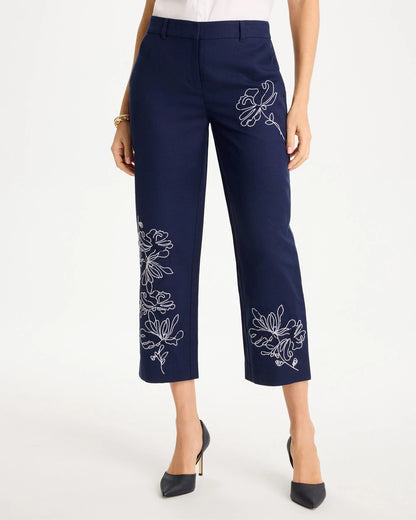 Chico's Essential - Embroidered Linen Fly Front Pants Passport Blue