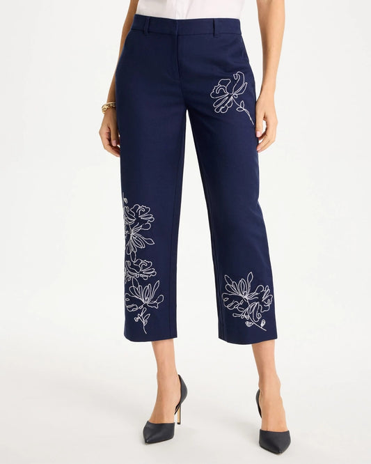 Chico's Essential - Embroidered Linen Fly Front Pants Passport Blue