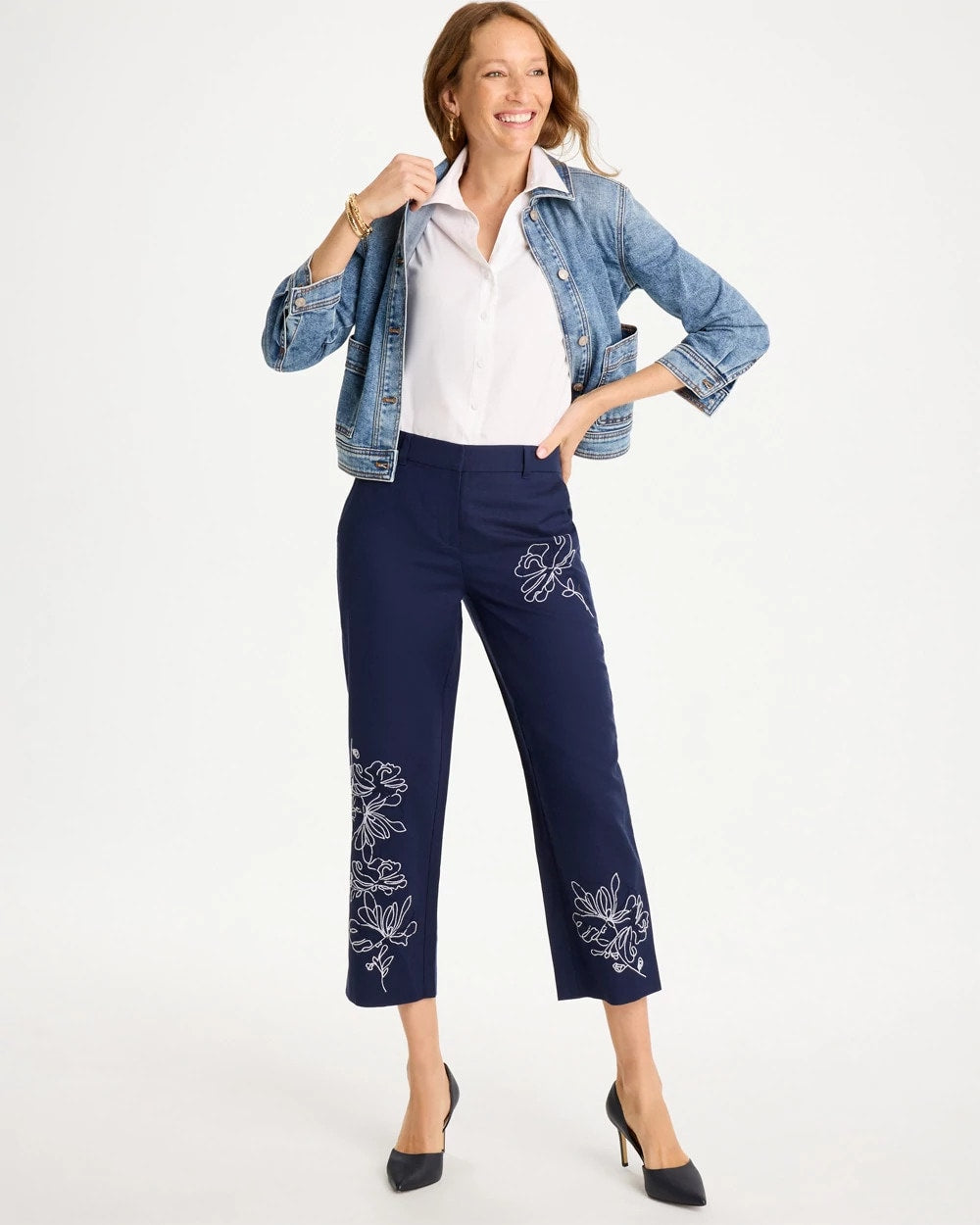 Chico's Essential - Embroidered Linen Fly Front Pants Passport Blue