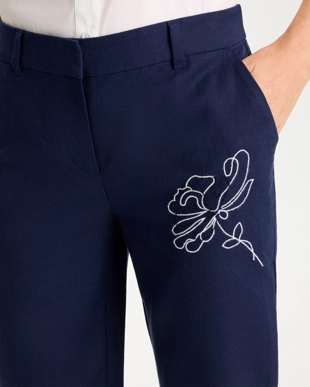 Chico's Essential - Embroidered Linen Fly Front Pants Passport Blue