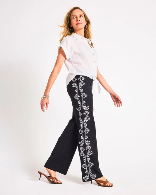 Chico's Trending - Embroidered Pull-On Wide-Leg Linen Pants Black