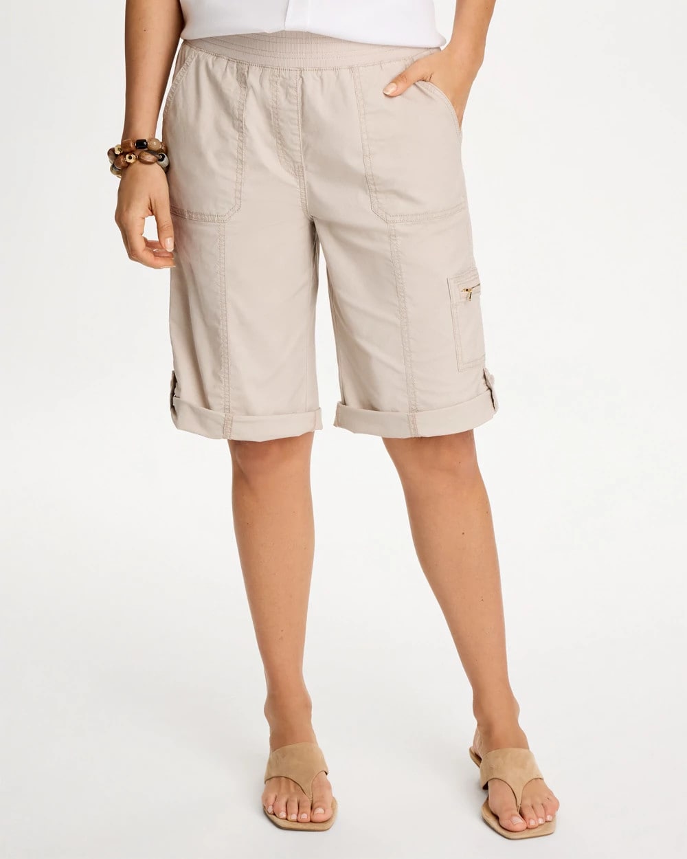 Chico's Deals - Poplin Cotton Roll-Tab Shorts Smokey Taupe