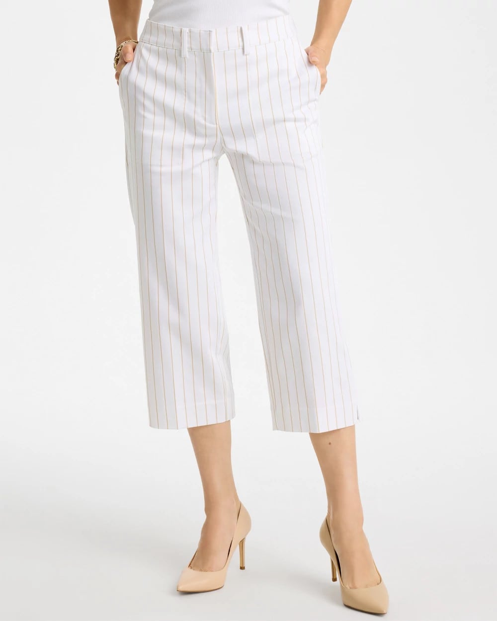 Chico's Everyday - Sandstone Striped Emme Sateen Straight Capri Pants Alabaster
