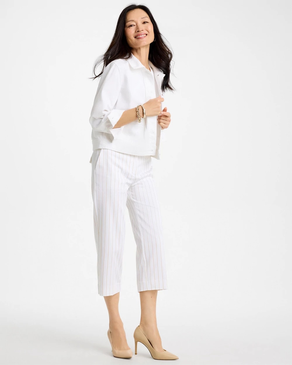 Chico's Everyday - Sandstone Striped Emme Sateen Straight Capri Pants Alabaster