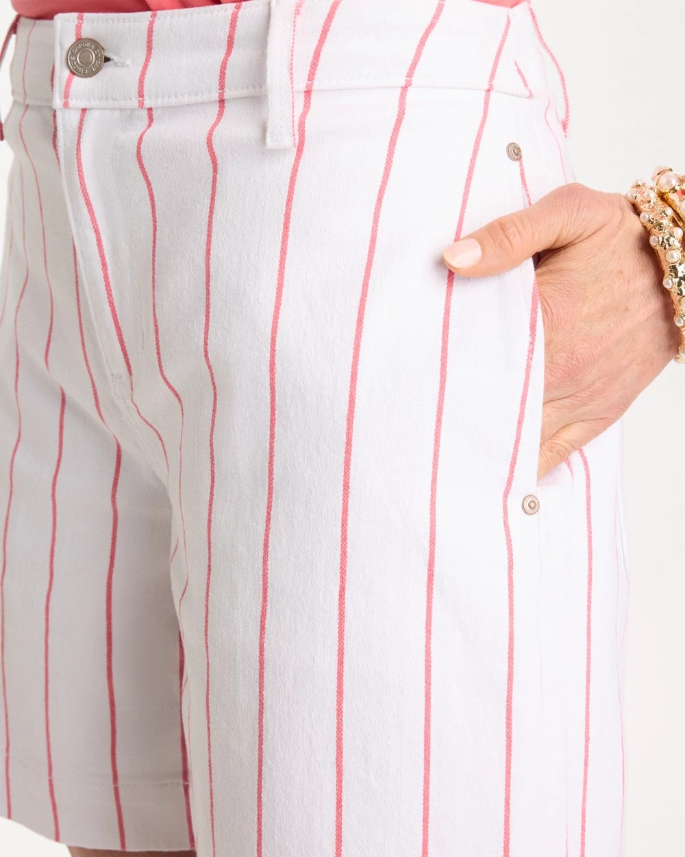 Chico's Top Pick - Striped Rivet Denim Trouser Shorts Calypso Coral