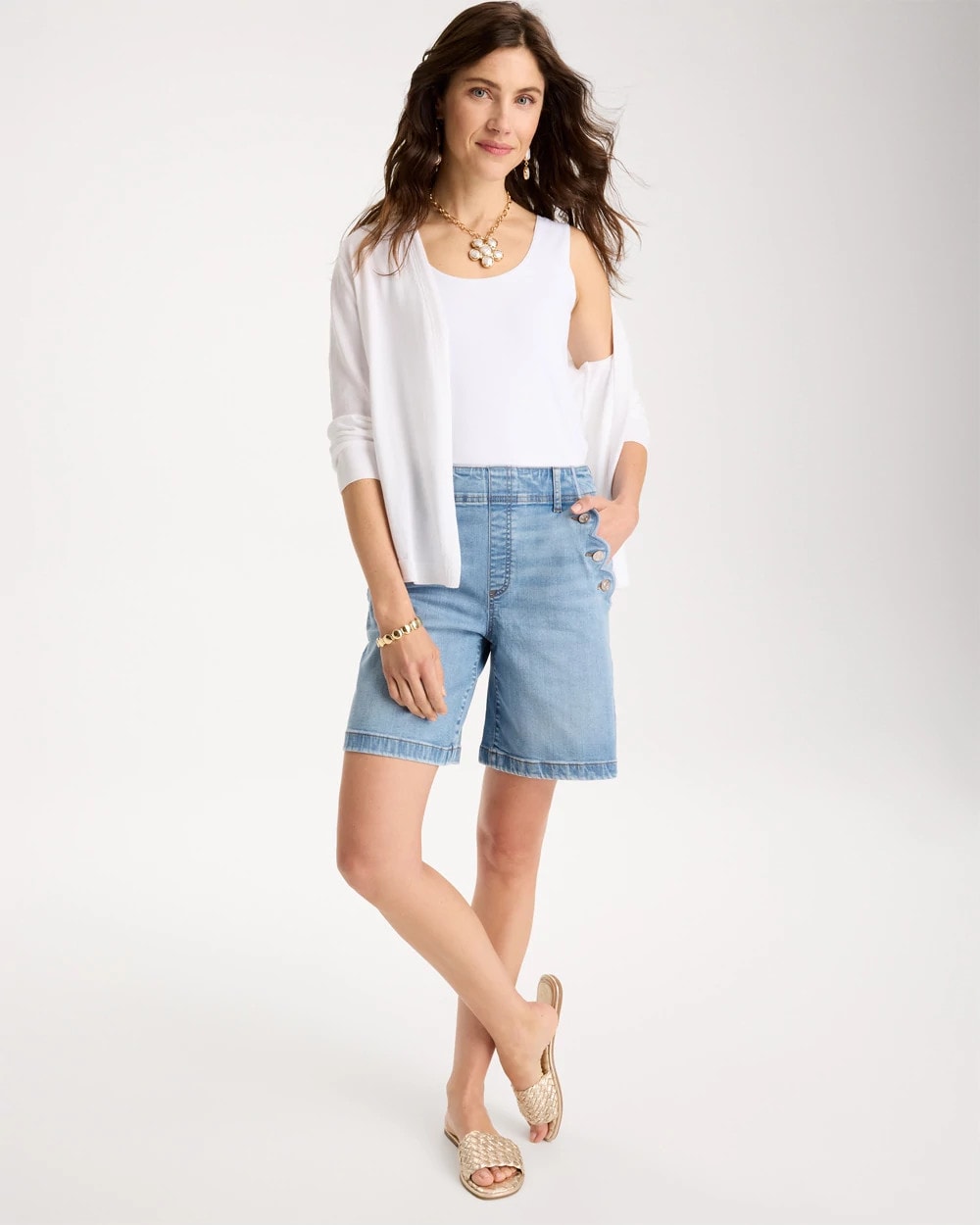 Chico's Hot Sale - Pull-On Scallop Button Jean Shorts Blue Jay Indigo