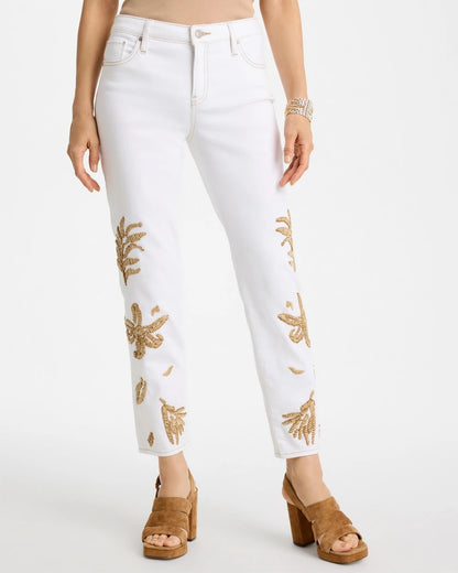 Chico's Exclusive - Girlfriend Slim Raffia Palm Crop Jeans Alabaster