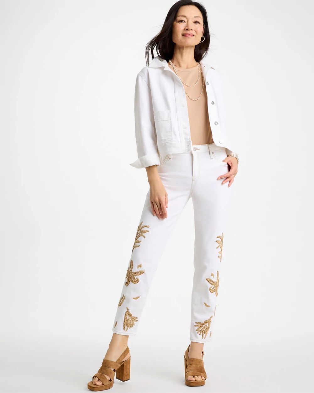 Chico's Exclusive - Girlfriend Slim Raffia Palm Crop Jeans Alabaster