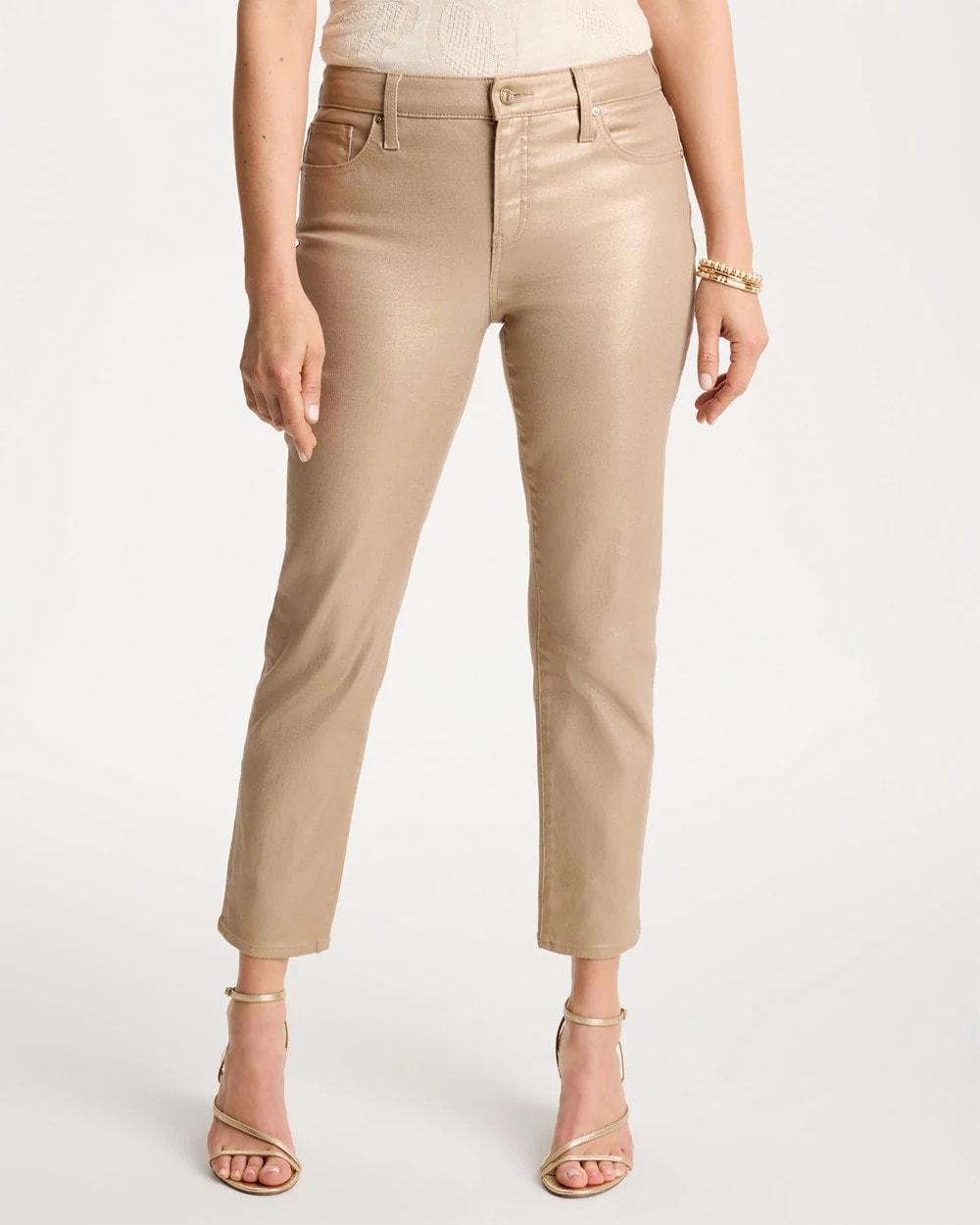 Chico's Trending - Girlfriend Slim Coated Crop Jeans Gold Foil Coated
