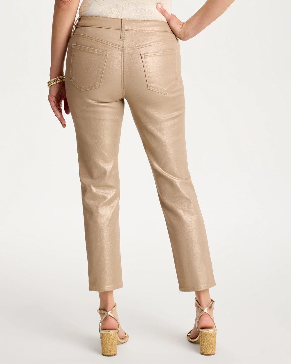 Chico's Trending - Girlfriend Slim Coated Crop Jeans Gold Foil Coated
