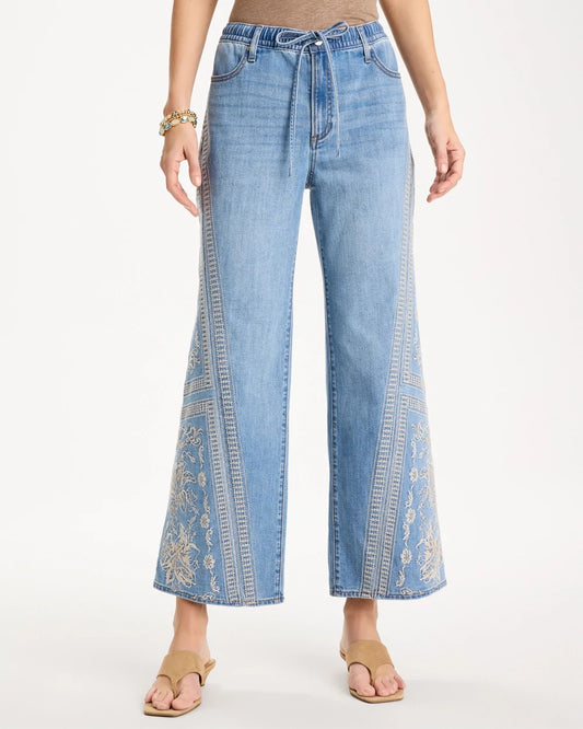Chico's New - Floral Geo Wide-Leg Drawstring Jeans Indigo