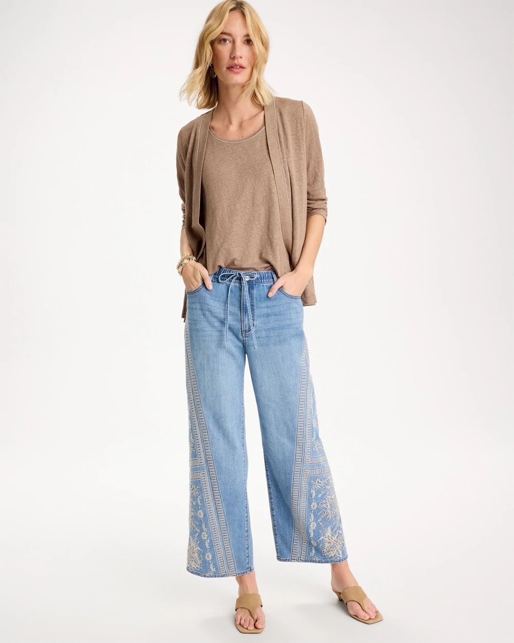 Chico's New - Floral Geo Wide-Leg Drawstring Jeans Indigo