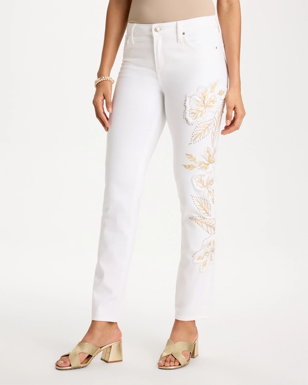 Chico's Great Value - No Stain Girlfriend Floral Embellished Slim Ankle Jeans Alabaster