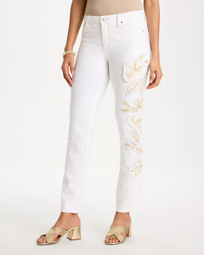 Chico's Great Value - No Stain Girlfriend Floral Embellished Slim Ankle Jeans Alabaster