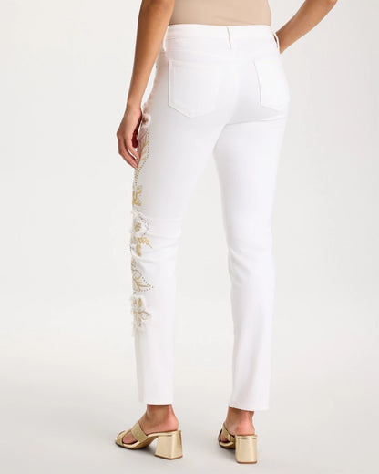 Chico's Great Value - No Stain Girlfriend Floral Embellished Slim Ankle Jeans Alabaster