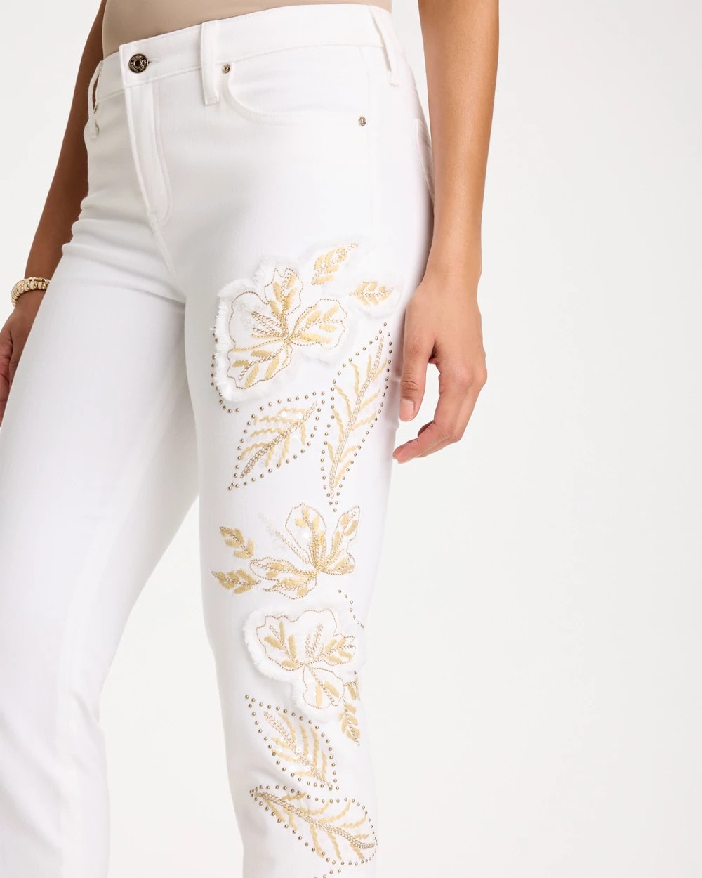 Chico's Great Value - No Stain Girlfriend Floral Embellished Slim Ankle Jeans Alabaster