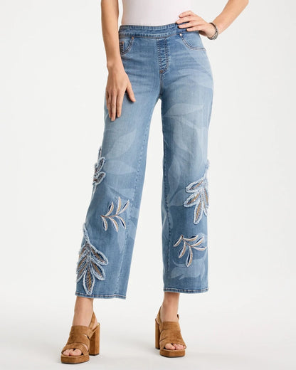 Chico's Signature - Tropical Embroidery Pull-On Wide Crop Jean Pashmina Indigo