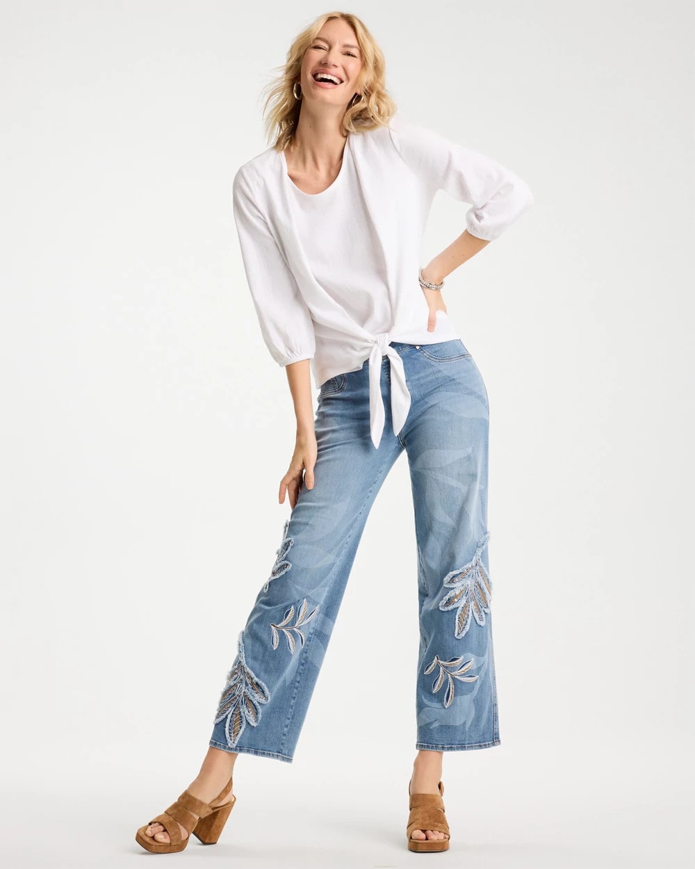 Chico's Signature - Tropical Embroidery Pull-On Wide Crop Jean Pashmina Indigo