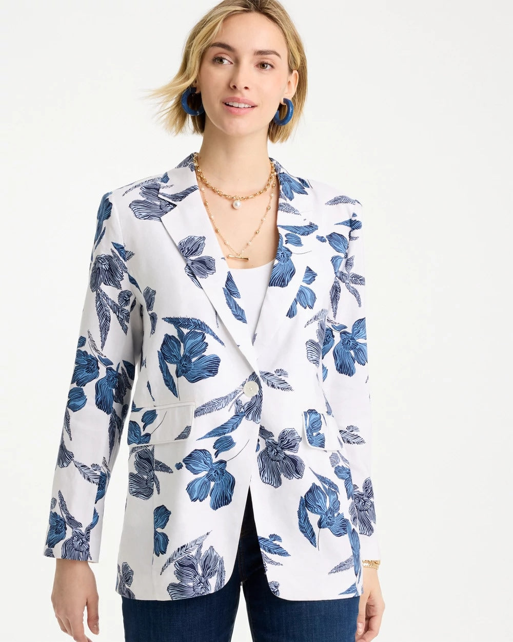 Chico's Exclusive - Linen Printed Piped Boyfriend Blazer Alabaster