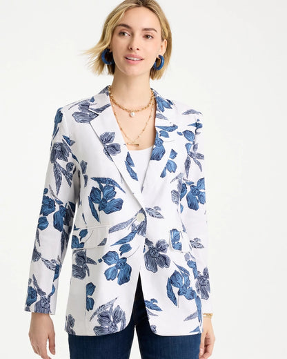 Chico's Exclusive - Linen Printed Piped Boyfriend Blazer Alabaster