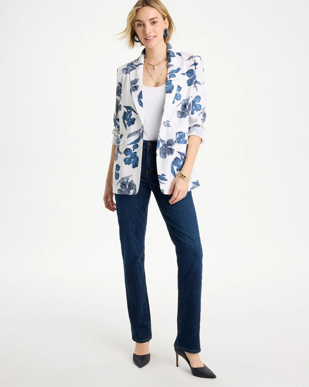 Chico's Exclusive - Linen Printed Piped Boyfriend Blazer Alabaster