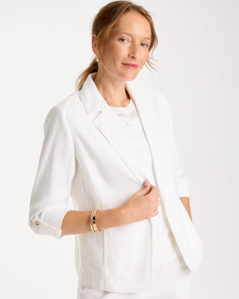 Chico's New - Linen Roll Sleeve Blazer Alabaster