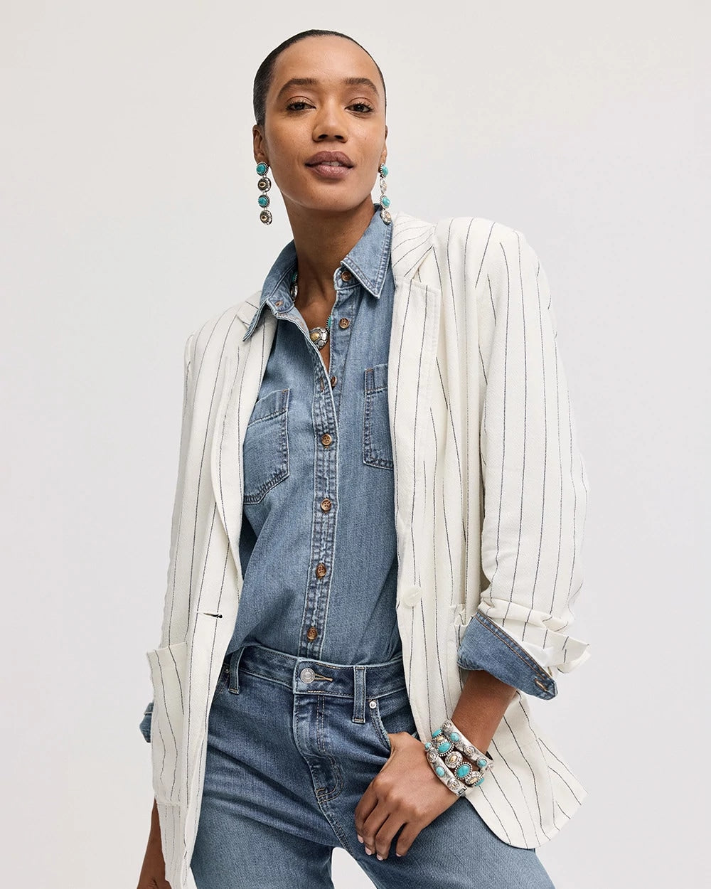 Chico's Discount - Linen-Blend Striped Boyfriend Blazer Ecru