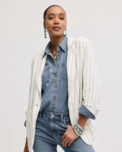 Chico's Discount - Linen-Blend Striped Boyfriend Blazer Ecru
